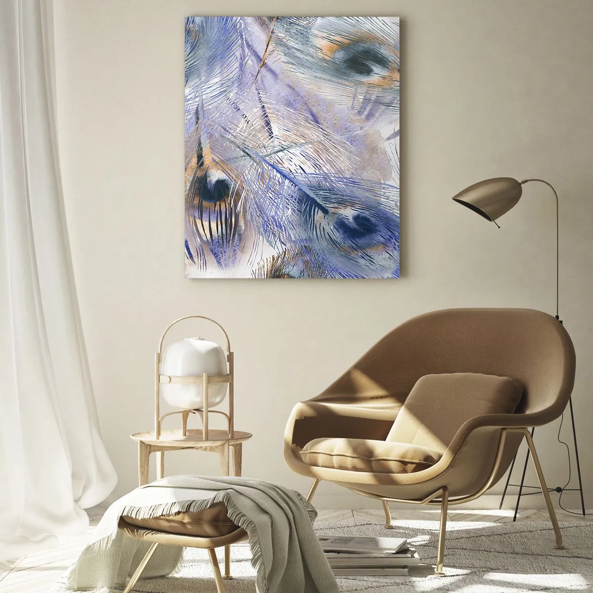Cuadro sobre vidrio - Impresiones sobre Vidrio - Delicadas plumas de pavo real en tonos azules y marrones. - 50x70cm - Composición - Decoración de pared moderna para salón y dormitorio ARTTOR