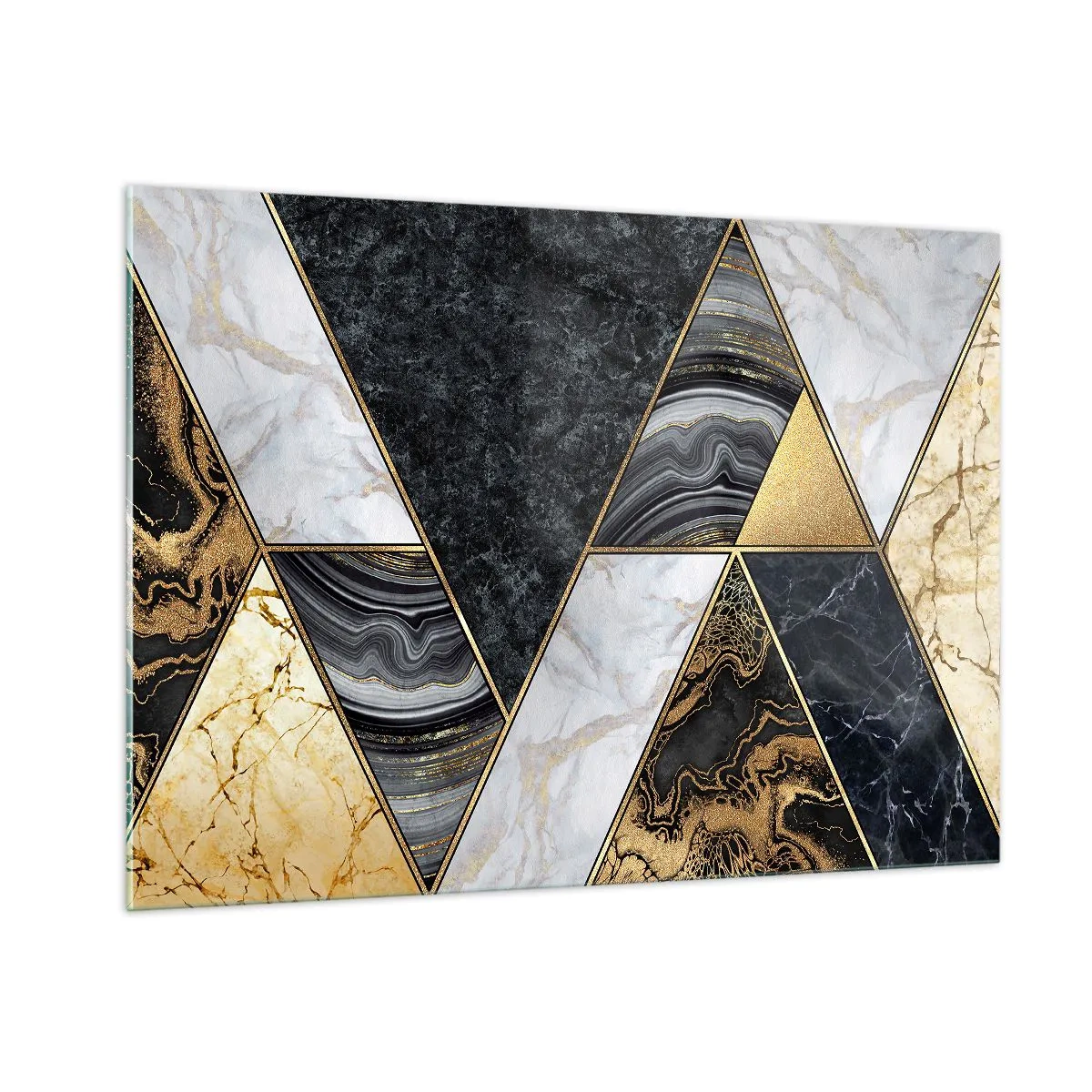 Cuadro sobre vidrio - Impresiones sobre Vidrio - Patrón geométrico de triángulos de mármol y oro. - 100x70cm - Collage de piedras - Decoración de pared moderna para salón y dormitorio ARTTOR