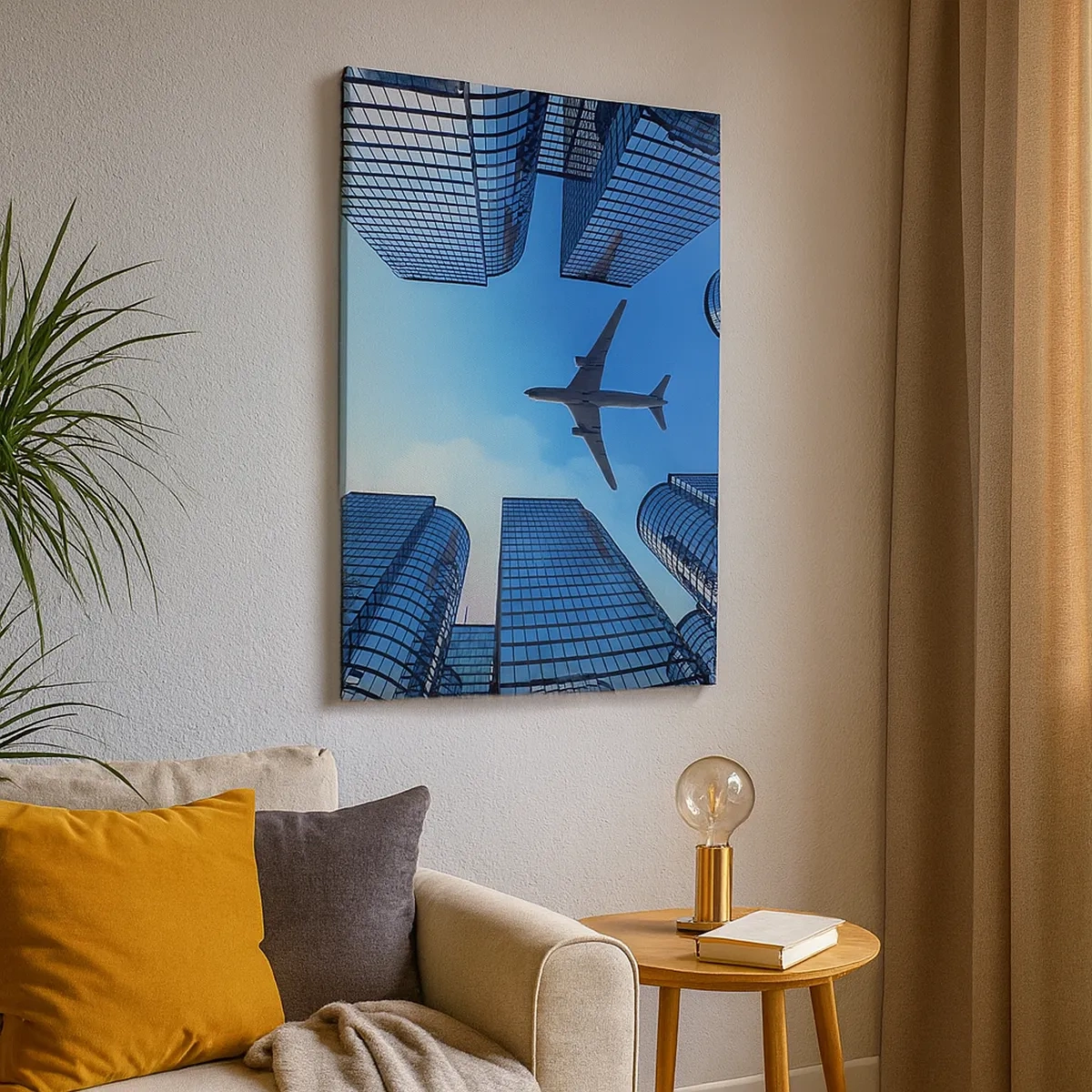 Cuadro sobre lienzo - Impresión de Imagen - Un avión volando sobre modernos rascacielos en el centro de la ciudad. - 50x70cm - La vista desde el abismo de cristal - Decoración de pared moderna para salón y dormitorio ARTTOR