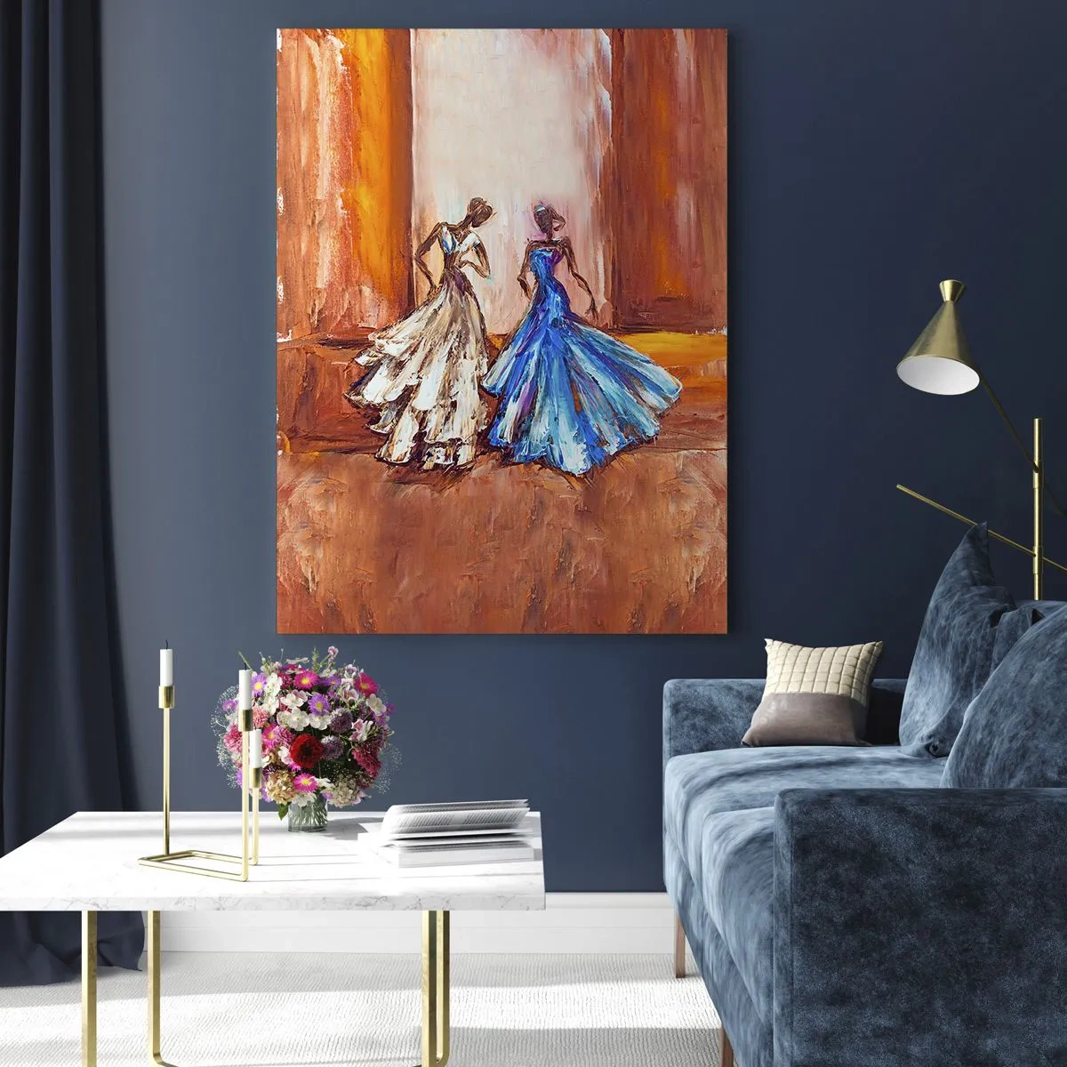 Cuadro sobre vidrio - Impresiones sobre Vidrio - Figuras femeninas con vestidos de gala en estilo artístico. - 50x70cm - Un elegante dúo - Decoración de pared moderna para salón y dormitorio ARTTOR
