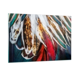 Cuadro sobre vidrio - Impresiones sobre Vidrio - Plumas de colores en una rica paleta de colores con una textura distintiva. - 120x80cm - Los misterios del vuelo - Decoración de pared moderna para salón y dormitorio ARTTOR
