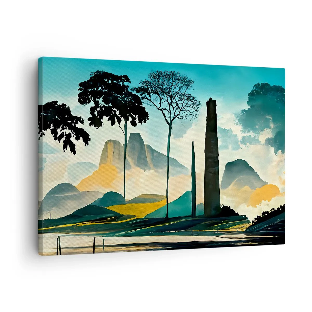 Cuadro sobre lienzo - Impresión de Imagen - Un paisaje pintoresco con árboles y montañas al fondo. - 70x50cm - Cada vez a más altitud - Decoración de pared moderna para salón y dormitorio ARTTOR