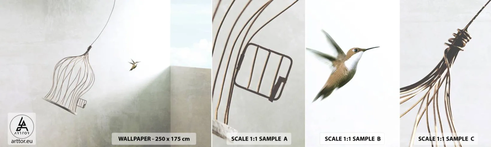 Muestra De Fotomural Standard Eco - Aquí debo estar - Abstracción, Pájaro, Jaula de pájaros - 100x30 cm