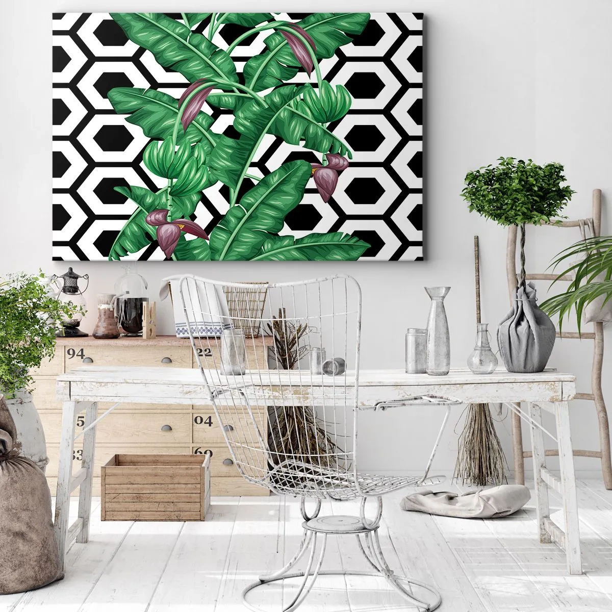 Cuadro sobre lienzo - Impresión de Imagen - Hojas tropicales sobre un fondo geométrico. - 120x80cm - Composición simétrica de la naturaleza - Decoración de pared moderna para salón y dormitorio ARTTOR