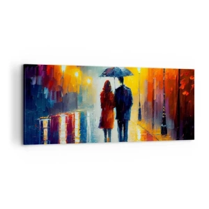 Cuadro sobre lienzo - Impresión de Imagen - Una pareja bajo un paraguas caminando por una colorida ciudad nocturna. - 120x50cm - Juntos en una noche llena de color - Decoración de pared moderna para salón y dormitorio ARTTOR