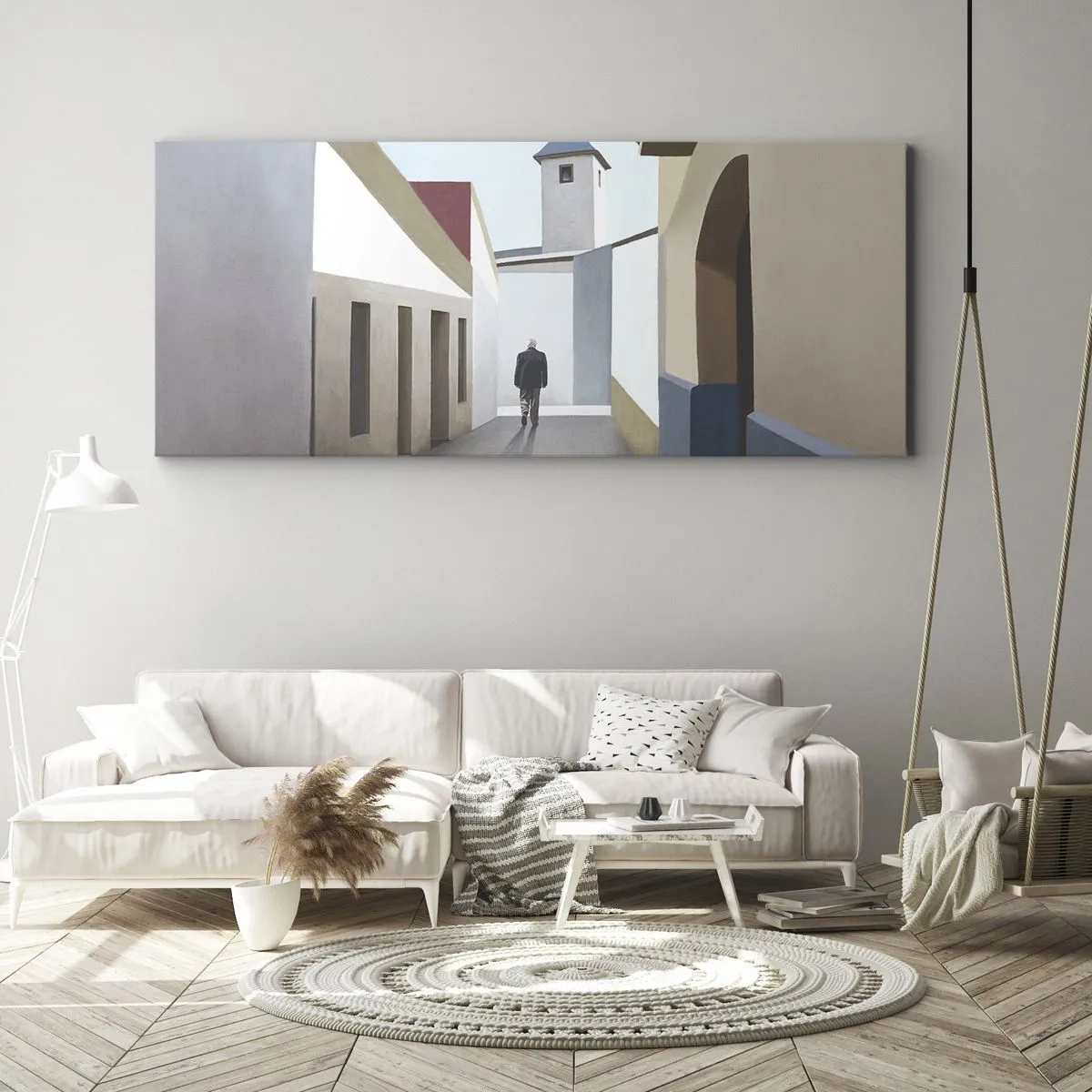 Cuadro sobre lienzo - Impresión de Imagen - Una calle minimalista con la silueta de un hombre al fondo. - 160x50cm - Paseo soleado - Decoración de pared moderna para salón y dormitorio ARTTOR