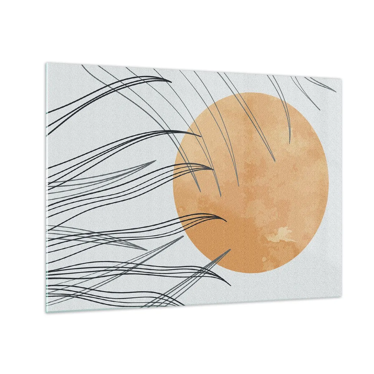 Cuadro sobre vidrio - Impresiones sobre Vidrio - Sol naranja con líneas dinámicas sobre un fondo claro. - 70x50cm - Siempre hacia el sol - Decoración de pared moderna para salón y dormitorio ARTTOR