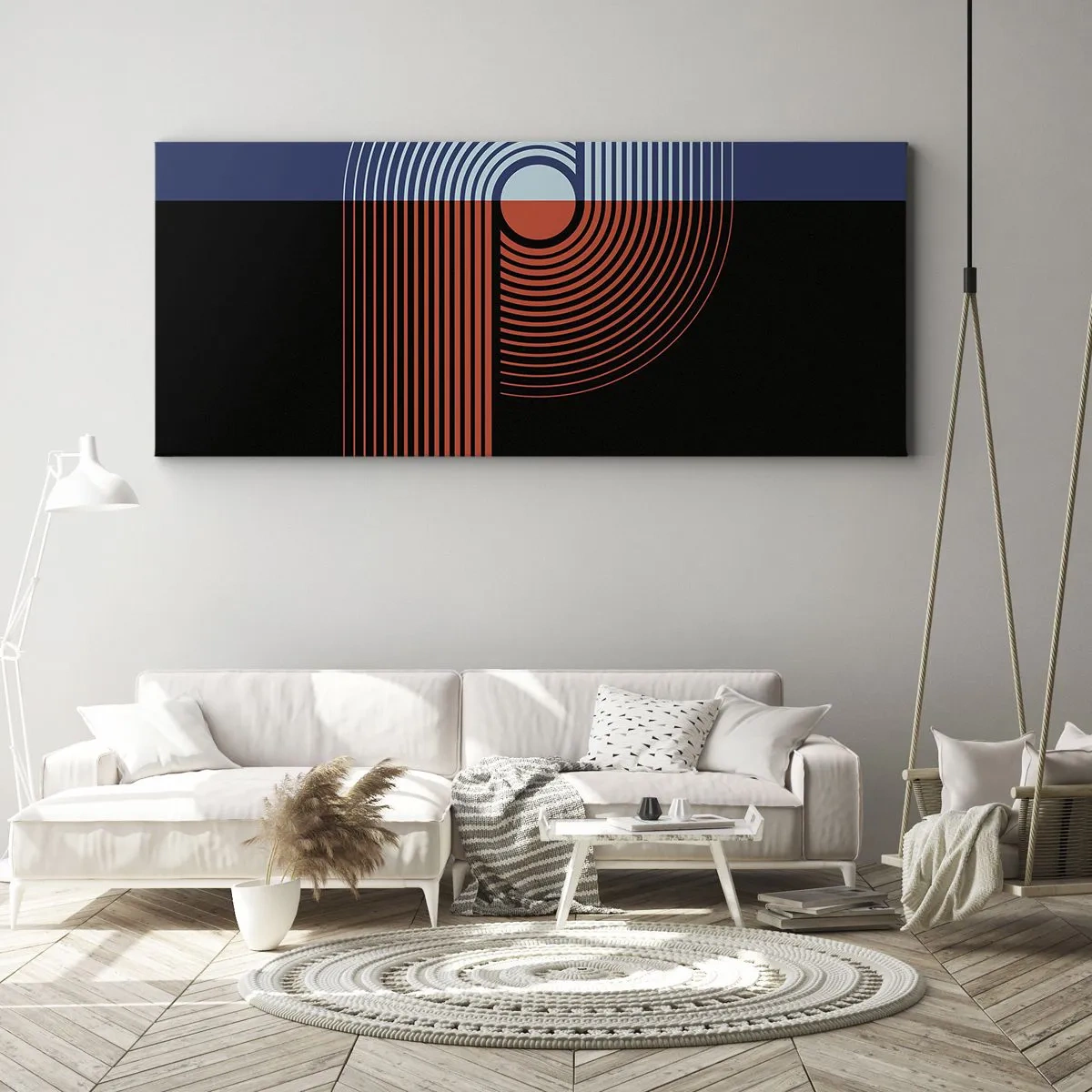 Cuadro sobre lienzo - Impresión de Imagen - Abstracción geométrica con líneas en azul marino y naranja. - 160x50cm - En un abrazo geométrico - Decoración de pared moderna para salón y dormitorio ARTTOR