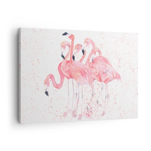 Cuadro sobre lienzo - Impresión de Imagen - Flamencos rosados en un estilo artístico de acuarela. - 70x50cm - Asamblea rosa - Decoración de pared moderna para salón y dormitorio ARTTOR