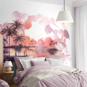 Fotomural Premium Canvas - Paisaje tropical con palmeras al atardecer en acuarela. - 100x70cm - La calma de los trópicos en rojo - Decoración de pared moderna para salón y dormitorio ARTTOR
