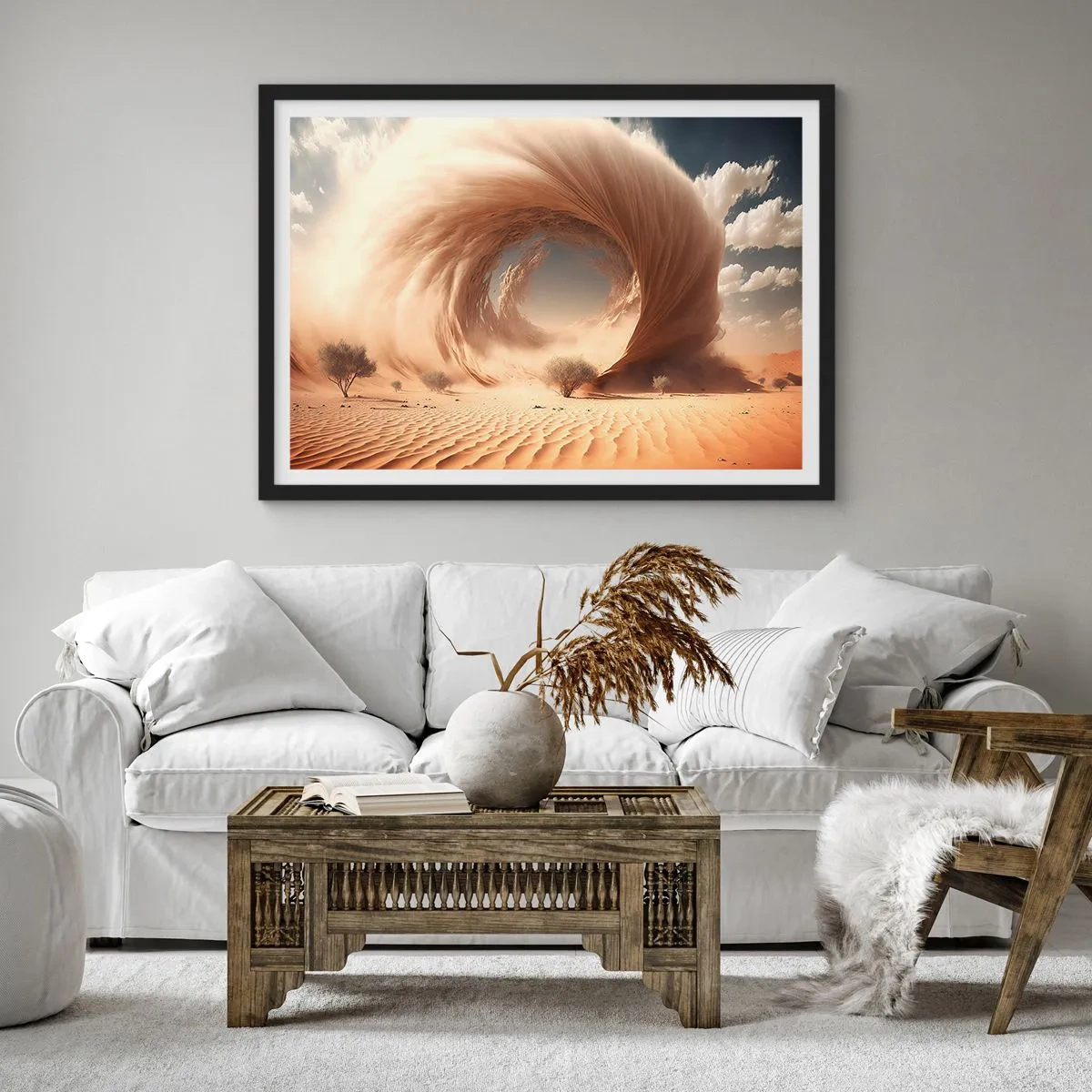 Póster en marco negro - Remolino de arena dinámico en un desierto con árboles - 70x50cm - Portal abierto - Decoración de pared moderna para salón y dormitorio ARTTOR