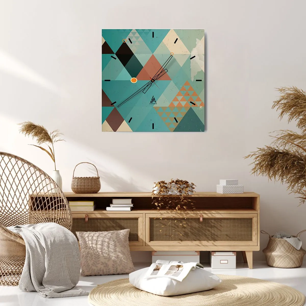 Reloj de pared - Reloj de vidrio - Patrones geométricos en tonos turquesa y marrón. - 30x30cm - Uno para todos y todos para uno - Decoración de pared moderna para salón y dormitorio ARTTOR