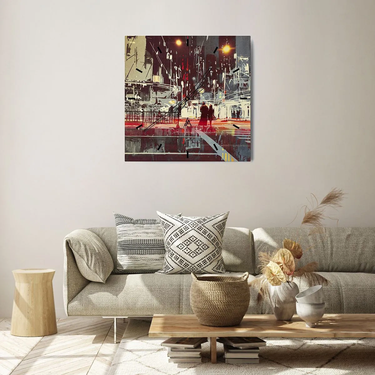 Reloj de pared - Reloj de vidrio - Ciudad de noche con luces de neón y siluetas de personas en la calle. - 30x30cm - Una travesía metropolitana - Decoración de pared moderna para salón y dormitorio ARTTOR