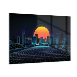 Cuadro sobre vidrio - Impresiones sobre Vidrio - Panorama de ciudad futurista con puesta de sol - 100x70cm - ¿Todavía deseas volver a la realidad? - Decoración de pared moderna para salón y dormitorio ARTTOR