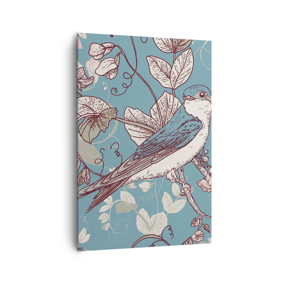 Cuadro sobre lienzo - Impresión de Imagen - Un pájaro en una rama en un delicado estilo floral. - 70x100cm - En el cerezo - Decoración de pared moderna para salón y dormitorio ARTTOR