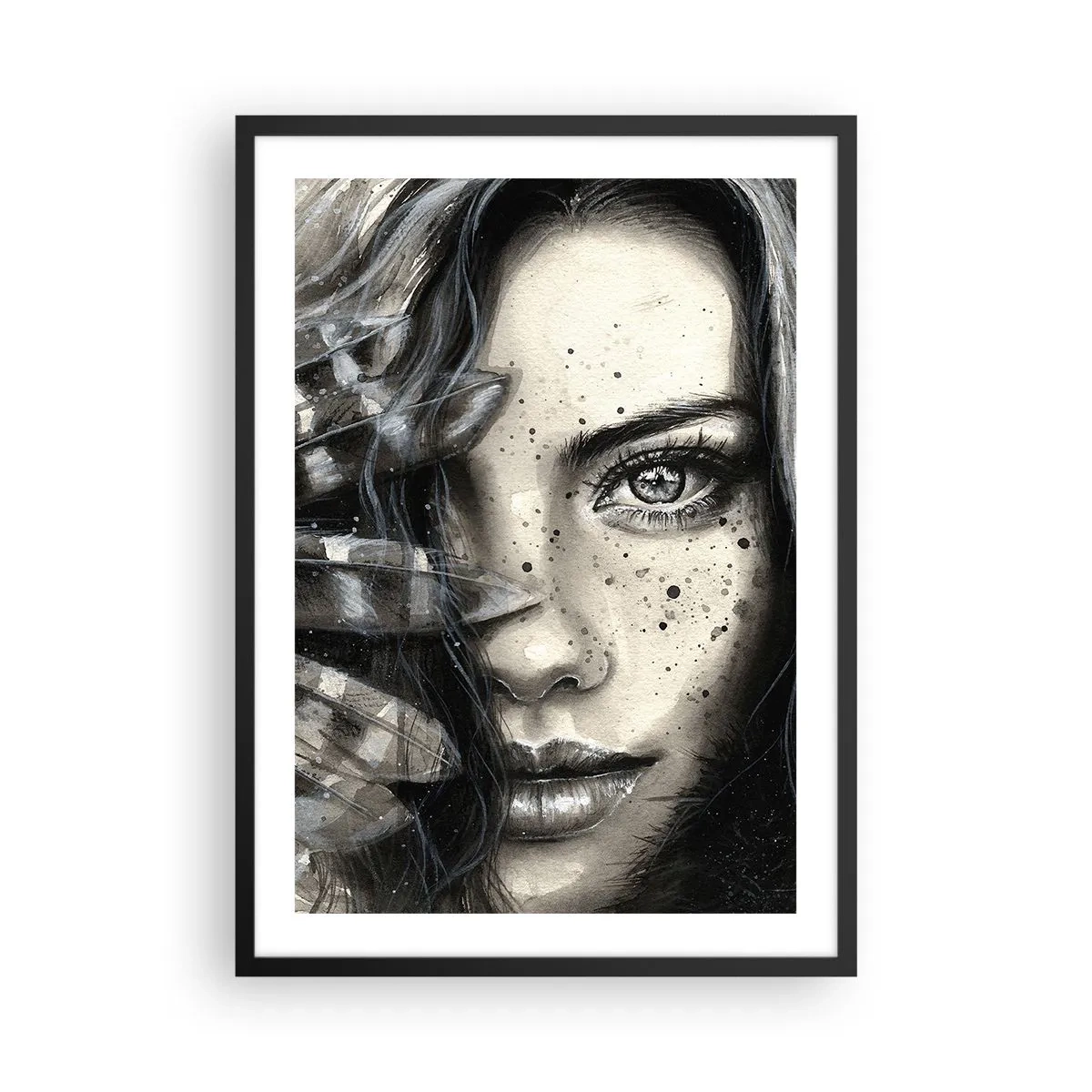 Póster en marco negro - Retrato de una mujer en estilo monocromático. - 50x70cm - Belleza salvaje - Decoración de pared moderna para salón y dormitorio ARTTOR