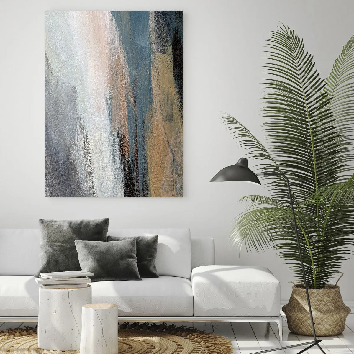 Cuadro sobre vidrio - Impresiones sobre Vidrio - Paisaje abstracto en tonos tenues de azul y beige. - 80x120cm - Abstracción: paisaje nórdico - Decoración de pared moderna para salón y dormitorio ARTTOR