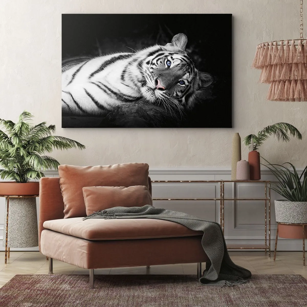 Cuadro sobre lienzo - Impresión de Imagen - Un tigre blanco representado artísticamente sobre un fondo negro. - 70x50cm - Salvaje y tranquilo - Decoración de pared moderna para salón y dormitorio ARTTOR