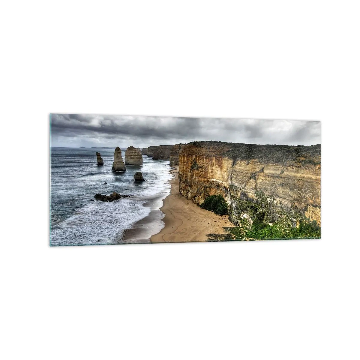 Cuadro sobre vidrio - Impresiones sobre Vidrio - Costa de acantilados con playa y formaciones rocosas - 120x50cm - Belleza en bruto - Decoración de pared moderna para salón y dormitorio ARTTOR