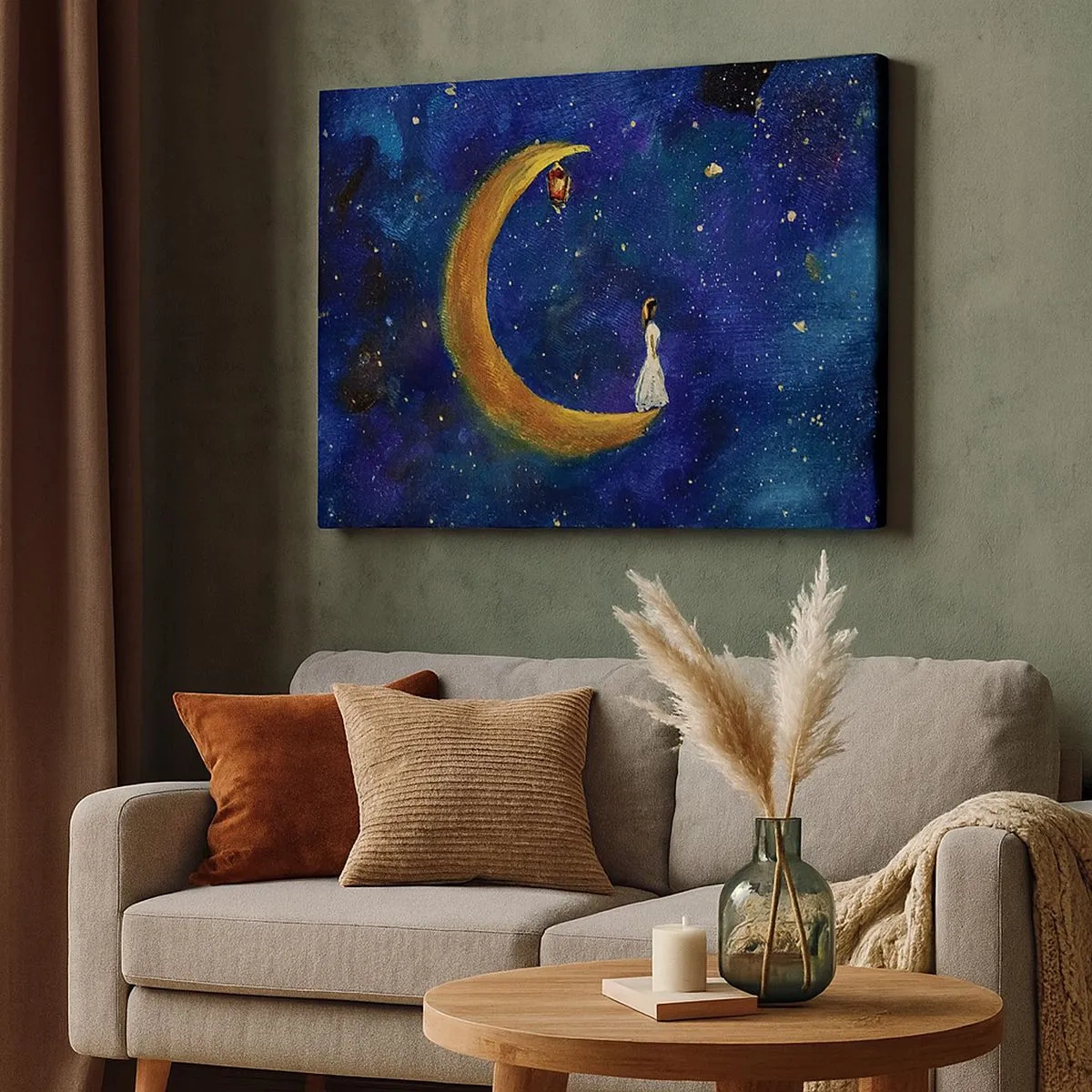 Cuadro sobre lienzo - Impresión de Imagen - Una niña parada en la luna en un cielo estrellado. - 70x50cm - La llamada de la Luna - Decoración de pared moderna para salón y dormitorio ARTTOR