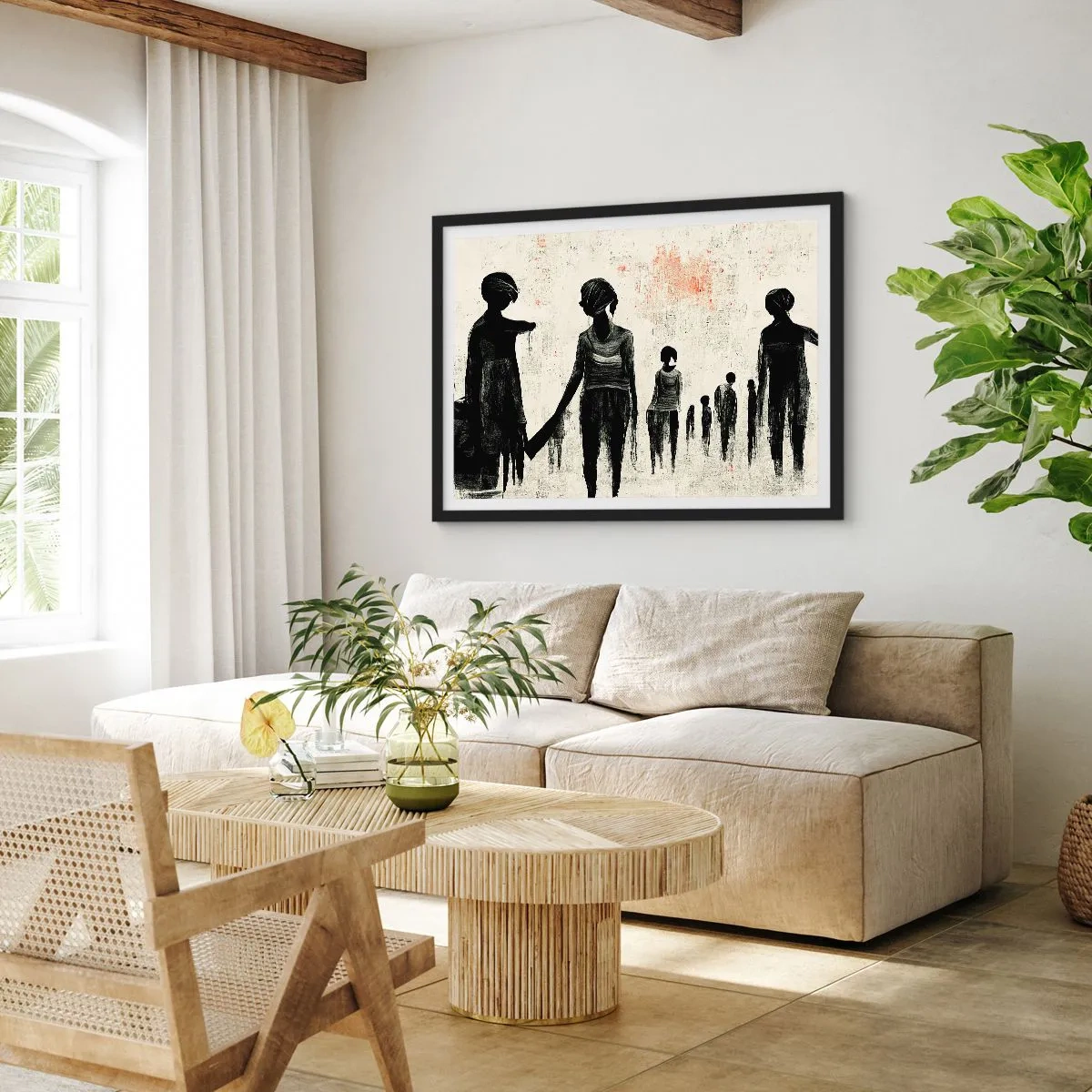 Póster en marco negro - Figuras en una composición monocromática sobre un fondo claro. - 70x50cm - Contra la soledad - Decoración de pared moderna para salón y dormitorio ARTTOR