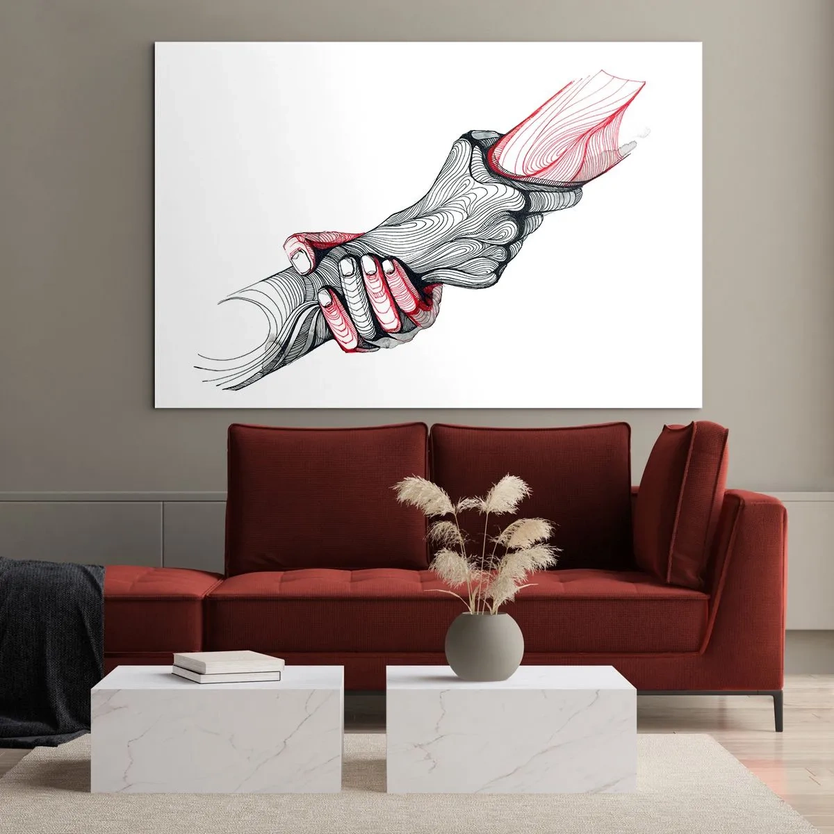 Cuadro sobre vidrio - Impresiones sobre Vidrio - Dibujo abstracto de dos manos en un apretón de manos. - 100x70cm - Estás en buenas manos - Decoración de pared moderna para salón y dormitorio ARTTOR
