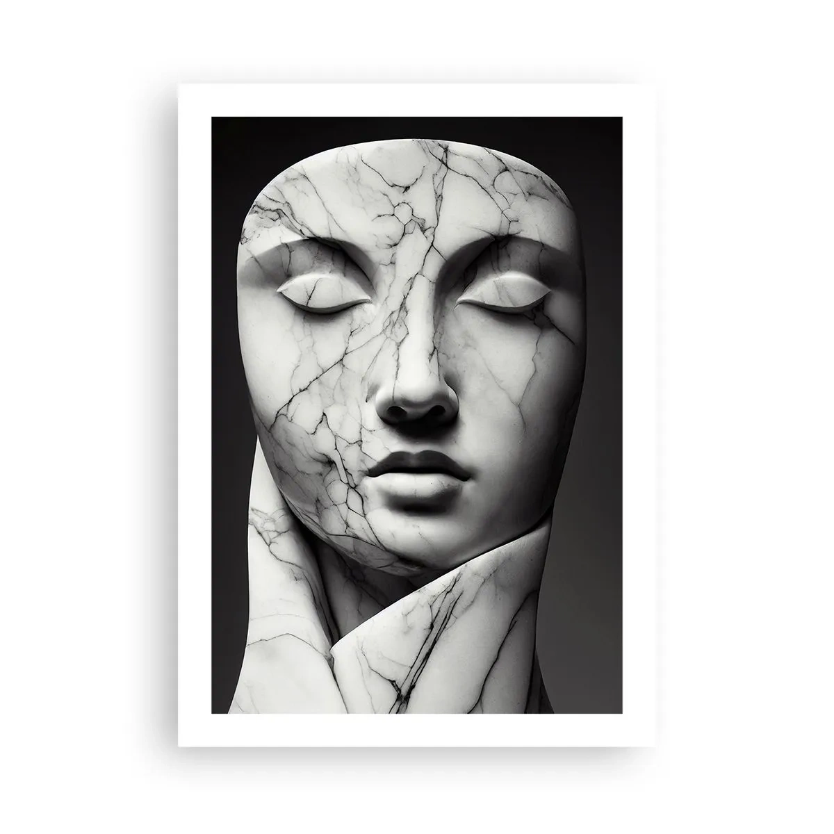 Póster - Escultura de mármol con cara con ojos cerrados sobre fondo negro. - 50x70cm - Formas de mármol - Decoración de pared moderna para salón y dormitorio ARTTOR