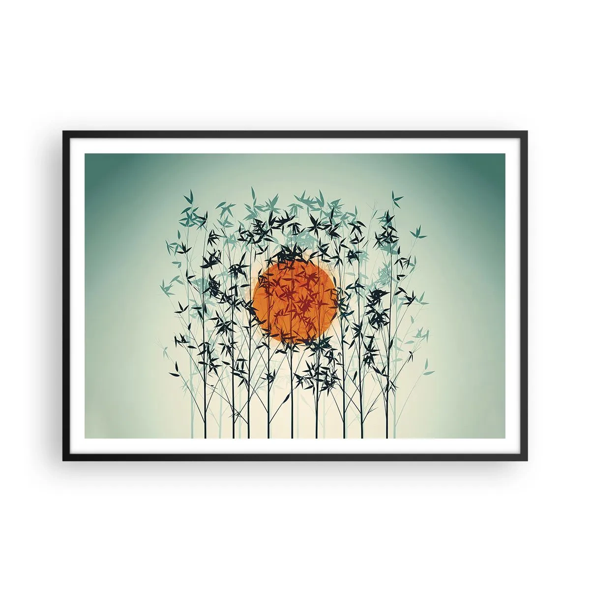 Póster en marco negro - Sol naranja entre las ramas de bambú. - 100x70cm - El sol de Japón - Decoración de pared moderna para salón y dormitorio ARTTOR