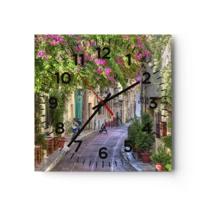 Reloj de pared - Reloj de vidrio - Un callejón floreciente - 30x30 cm