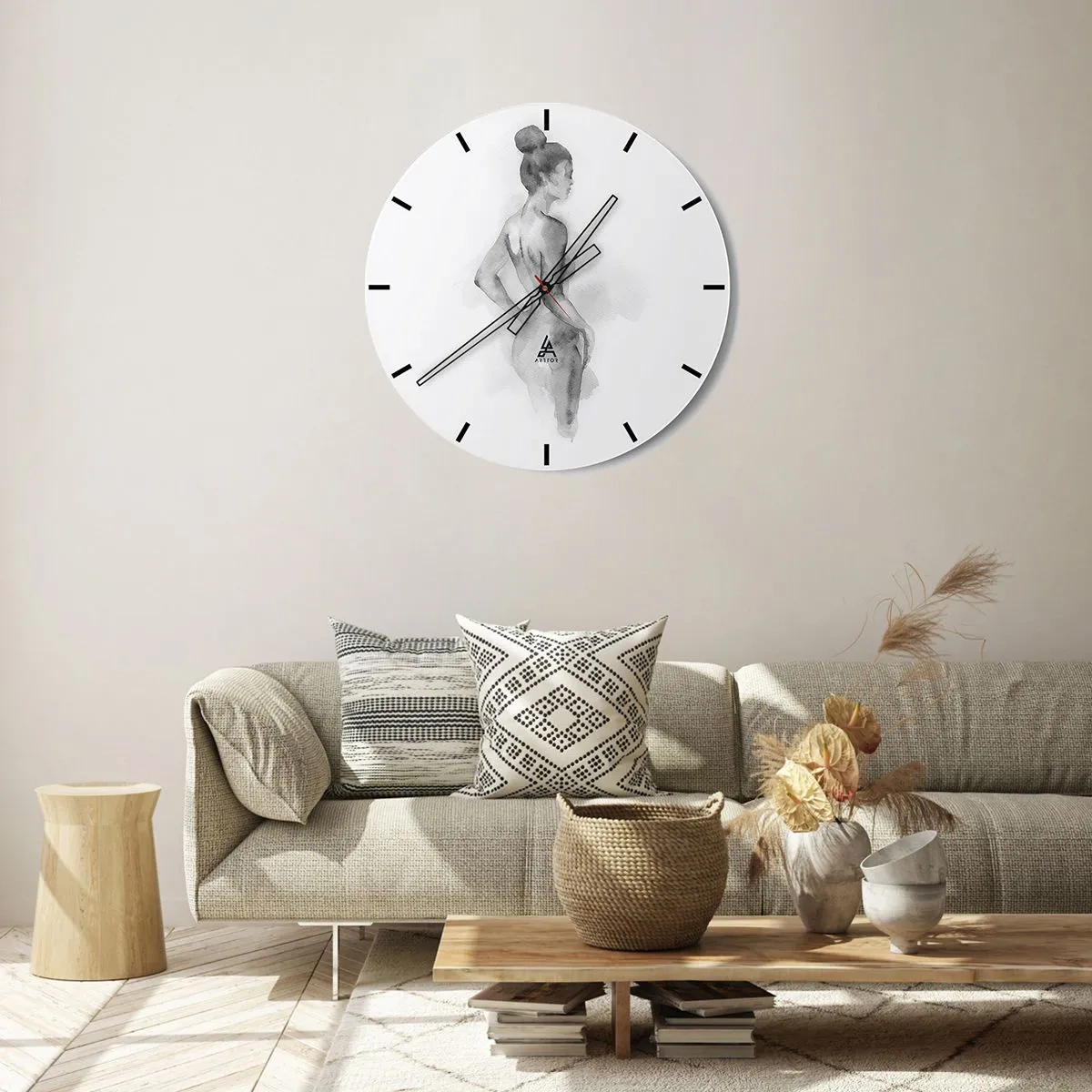 Reloj de pared - Reloj de vidrio - Una silueta de una mujer pintada en acuarela en tonos grises. - 30x30cm - Tan hermosa como la pintura - Decoración de pared moderna para salón, cocina y dormitorio ARTTOR