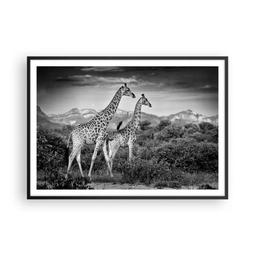 Póster en marco negro - Siluetas en blanco y negro de dos jirafas en la sabana. - 100x70cm - La clase alta de África - Decoración de pared moderna para salón y dormitorio ARTTOR