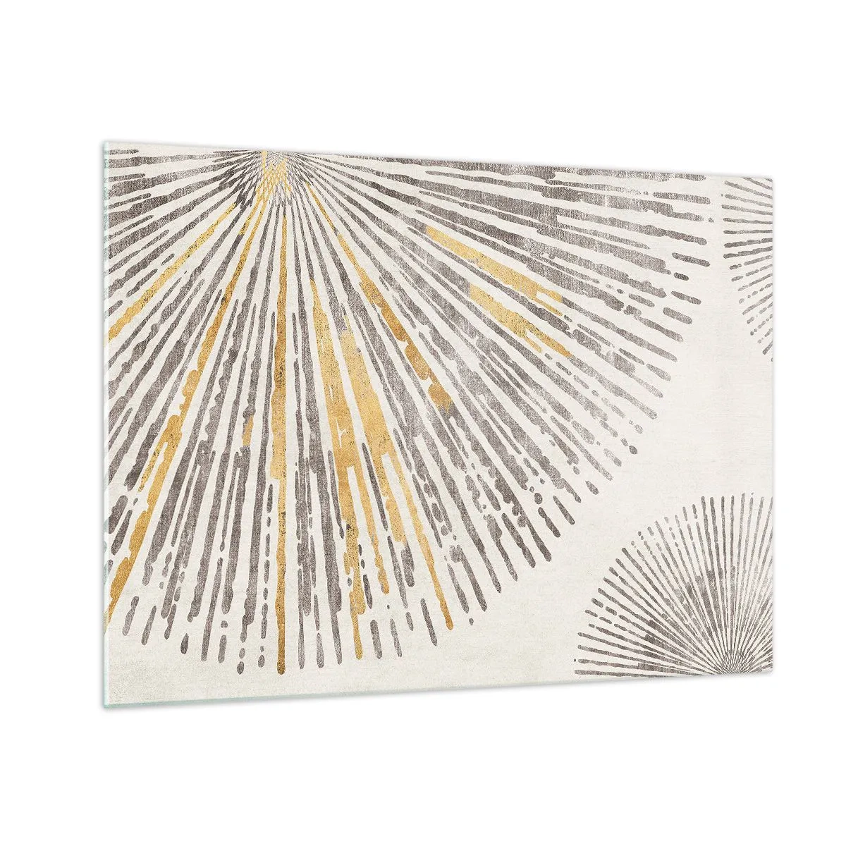 Cuadro sobre vidrio - Impresiones sobre Vidrio - Líneas radiales en tonos dorados y grises sobre un fondo claro. - 70x50cm - Belleza lineal - Decoración de pared moderna para salón y dormitorio ARTTOR