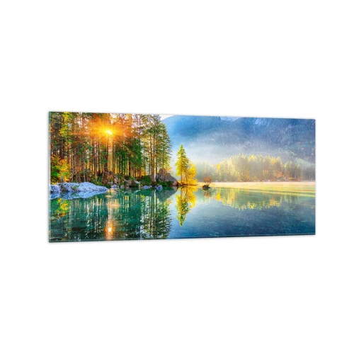 Cuadro sobre vidrio - Impresiones sobre Vidrio - Un lago rodeado de montañas y bosques bajo los rayos del sol. - 120x50cm - Majestuosidad y dulzura - Decoración de pared moderna para salón y dormitorio ARTTOR