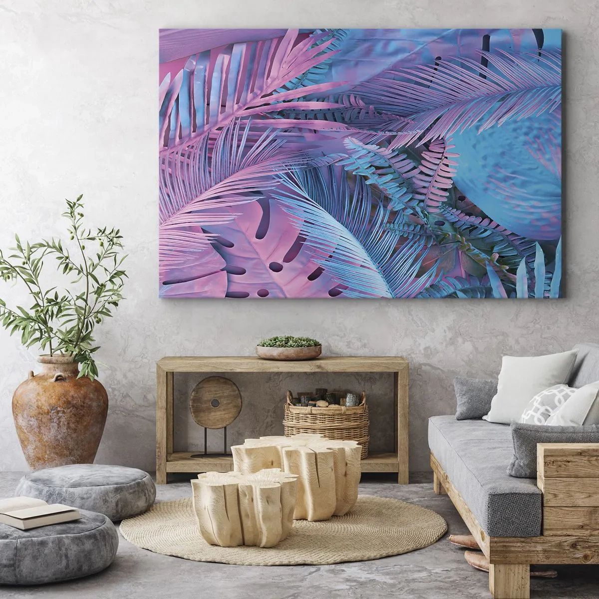 Cuadro sobre lienzo - Impresión de Imagen - Hojas tropicales en tonos rosa y azul. - 70x50cm - Trópicos en rosa y azul - Decoración de pared moderna para salón y dormitorio ARTTOR
