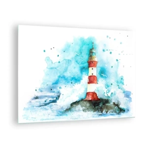 Cuadro sobre vidrio - Impresiones sobre Vidrio - Un faro rodeado de olas del mar en estilo acuarela. - 70x50cm - La unidad de los elementos - Decoración de pared moderna para salón y dormitorio ARTTOR
