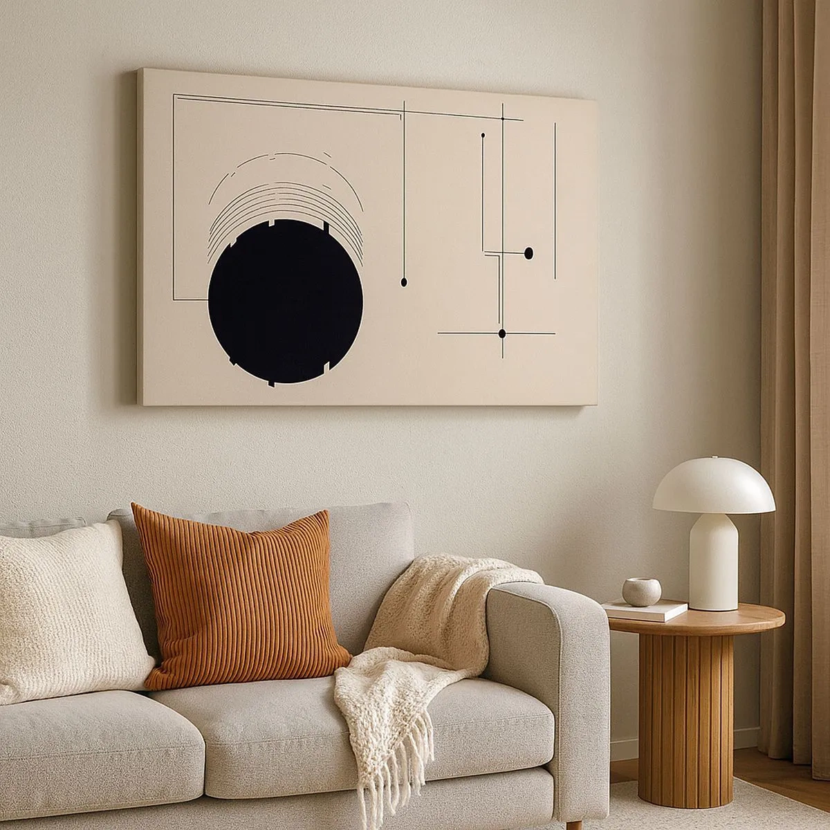 Cuadro sobre lienzo - Impresión de Imagen - Líneas geométricas negras y un círculo sobre un fondo beige. - 70x50cm - Composición elástica y dinámica - Decoración de pared moderna para salón y dormitorio ARTTOR