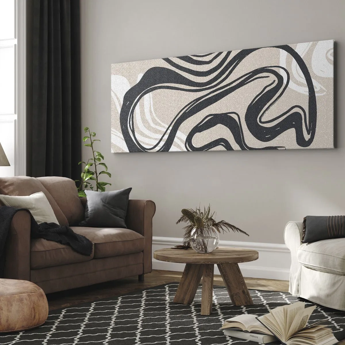 Cuadro sobre lienzo - Impresión de Imagen - Líneas abstractas en tonos oscuros sobre un fondo beige. - 140x50cm - Expresión multiplicada - Decoración de pared moderna para salón y dormitorio ARTTOR