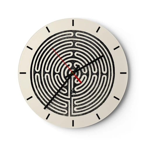 Reloj de pared - Reloj de vidrio - Un laberinto en blanco y negro con un diseño geométrico sobre un fondo claro. - 30x30cm - Orden misterioso - Decoración de pared moderna para salón, cocina y dormitorio ARTTOR