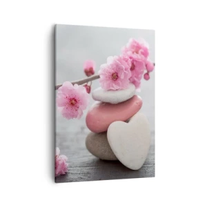 Cuadro sobre lienzo - Impresión de Imagen - Delicadas flores de cerezo con piedras en forma de corazón. - 50x70cm - Felicidad con la flor del cerezo - Decoración de pared moderna para salón y dormitorio ARTTOR