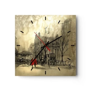 Reloj de pared - Reloj de vidrio - Una figura roja en un entorno urbano nostálgico - 30x30cm - Cita en la niebla de Londres  - Decoración de pared moderna para salón y dormitorio ARTTOR