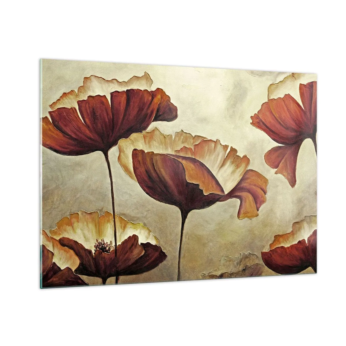 Cuadro sobre vidrio - Impresiones sobre Vidrio - Flores de amapola en tonos rojos y dorados sobre un fondo claro. - 100x70cm - Prado de prados - Decoración de pared moderna para salón y dormitorio ARTTOR