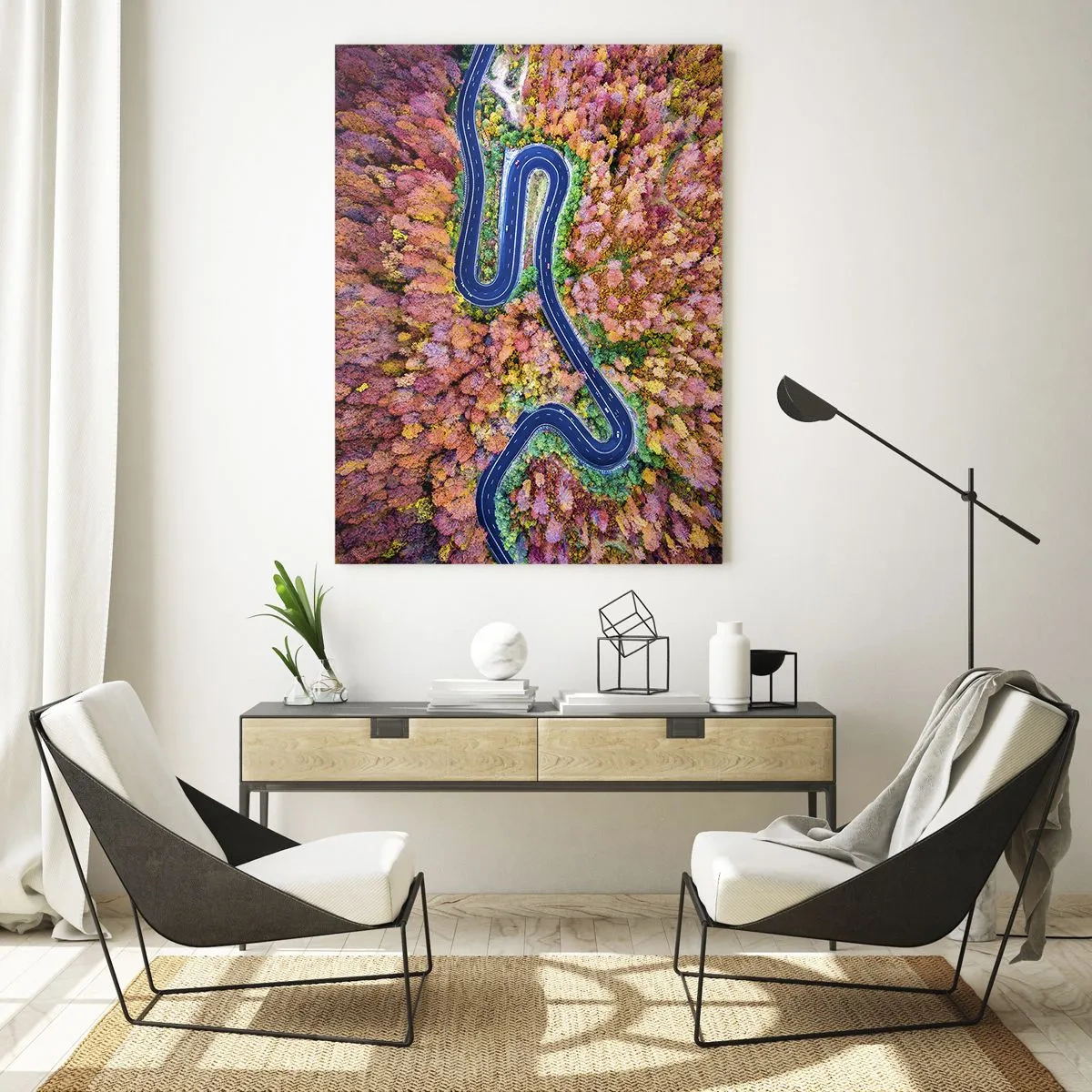 Cuadro sobre vidrio - Impresiones sobre Vidrio - Un camino sinuoso en un bosque otoñal visto a vista de pájaro - 70x100cm - Un camino sinuoso a través del bosque - Decoración de pared moderna para salón y dormitorio ARTTOR