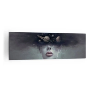 Cuadro sobre lienzo - Impresión de Imagen - Un rostro de mujer con un motivo de planeta y espacio en el fondo. - 160x50cm - Y los planetas sienten... - Decoración de pared moderna para salón y dormitorio ARTTOR