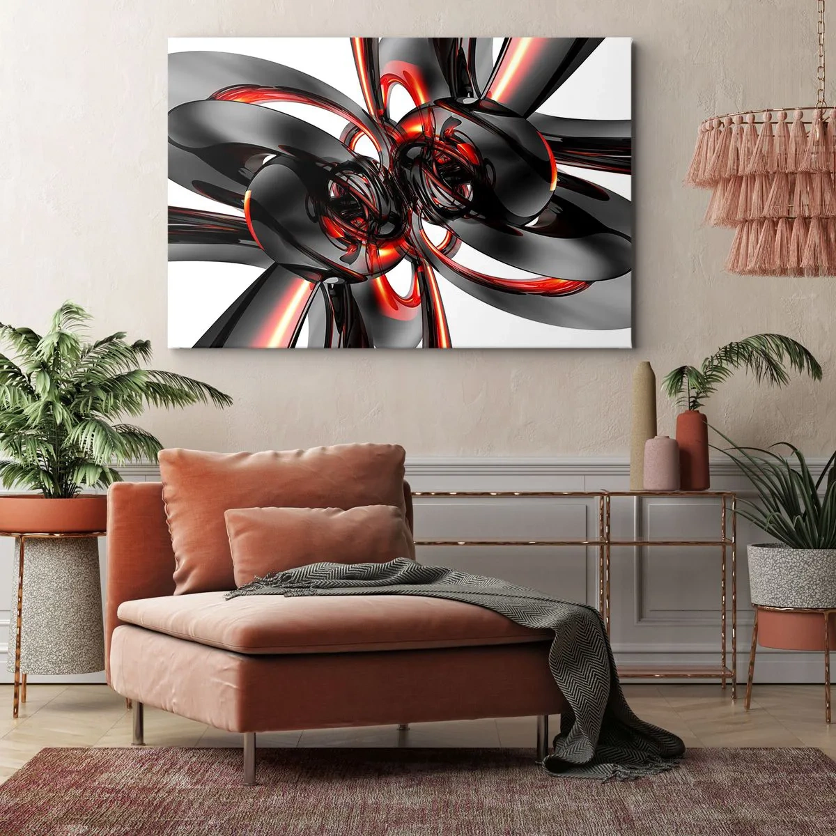Cuadro sobre lienzo - Impresión de Imagen - Gráficos 3D abstractos con elementos negros y rojos - 70x50cm - Movimiento en grafito y rojo - Decoración de pared moderna para salón y dormitorio ARTTOR