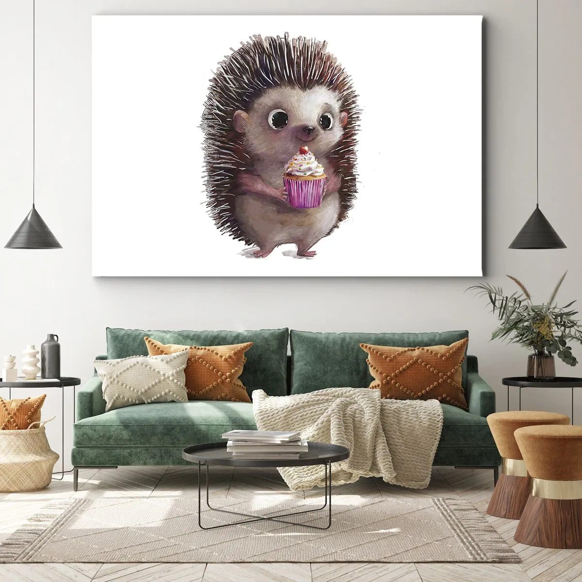Cuadro sobre lienzo - Impresión de Imagen - Un lindo erizo con una magdalena. - 70x50cm - La celebración es diaria - Decoración de pared moderna para salón y dormitorio ARTTOR