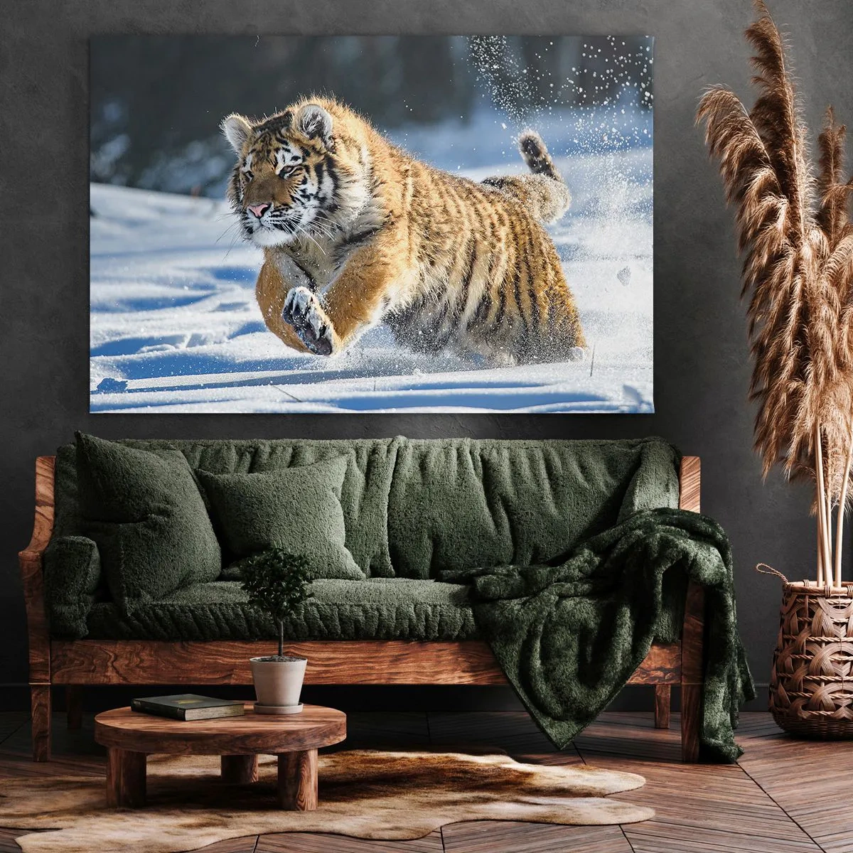 Cuadro sobre lienzo - Impresión de Imagen - Un tigre siberiano corriendo en un paisaje nevado. - 70x50cm - Dios de la taiga siberiana - Decoración de pared moderna para salón y dormitorio ARTTOR