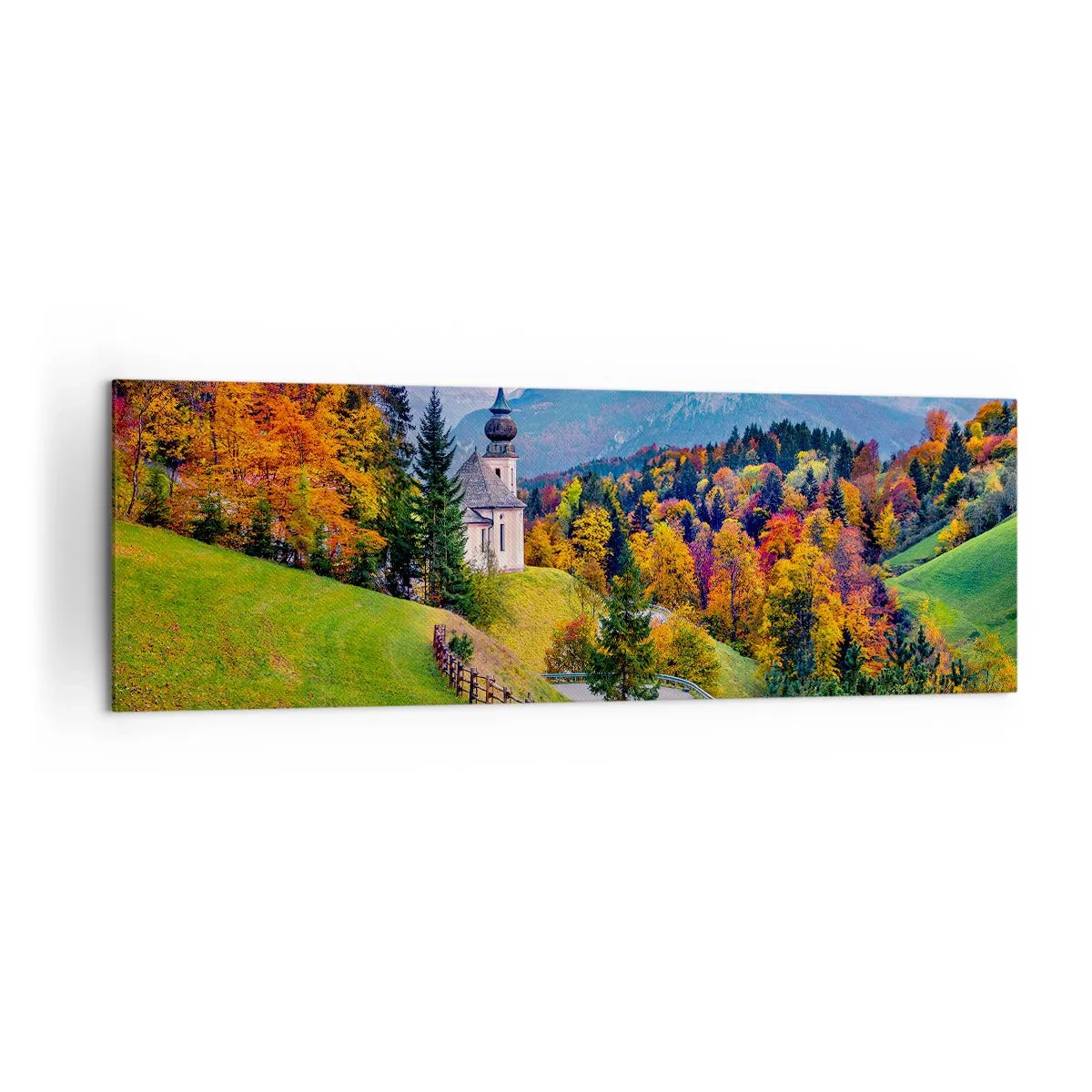 Cuadro sobre lienzo - Impresión de Imagen - Paisaje otoñal de montaña con capilla y puesta de sol. - 160x50cm - Paisaje como una pintura - Decoración de pared moderna para salón y dormitorio ARTTOR