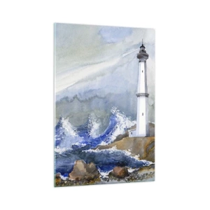 Cuadro sobre vidrio - Impresiones sobre Vidrio - Un faro en una costa rocosa con mar agitado. - 70x100cm - Contra la oscuridad y la tormenta - Decoración de pared moderna para salón y dormitorio ARTTOR