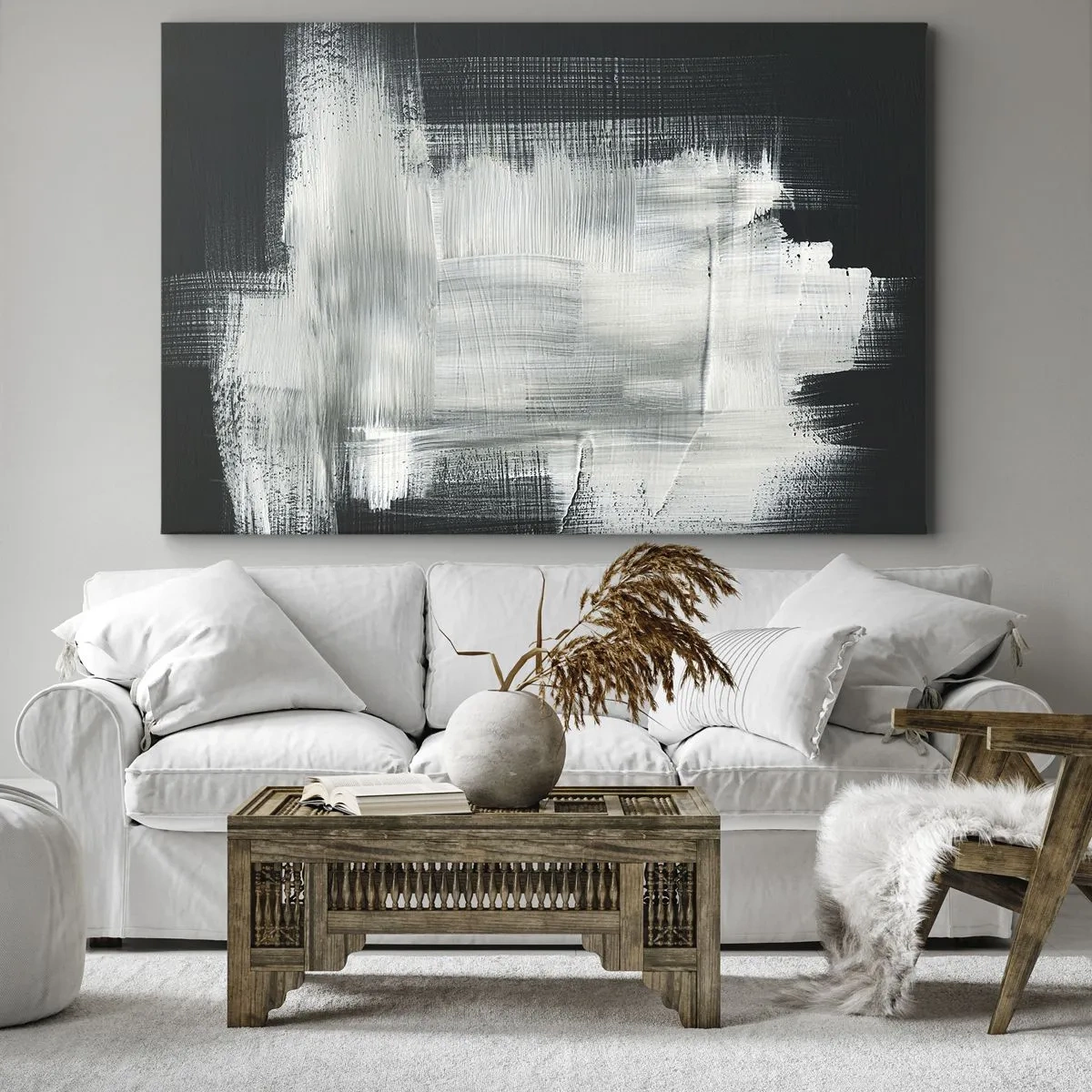 Cuadro sobre lienzo - Impresión de Imagen - Trazos abstractos blancos sobre un fondo oscuro - 70x50cm - Tejido vertical y horizontal - Decoración de pared moderna para salón y dormitorio ARTTOR