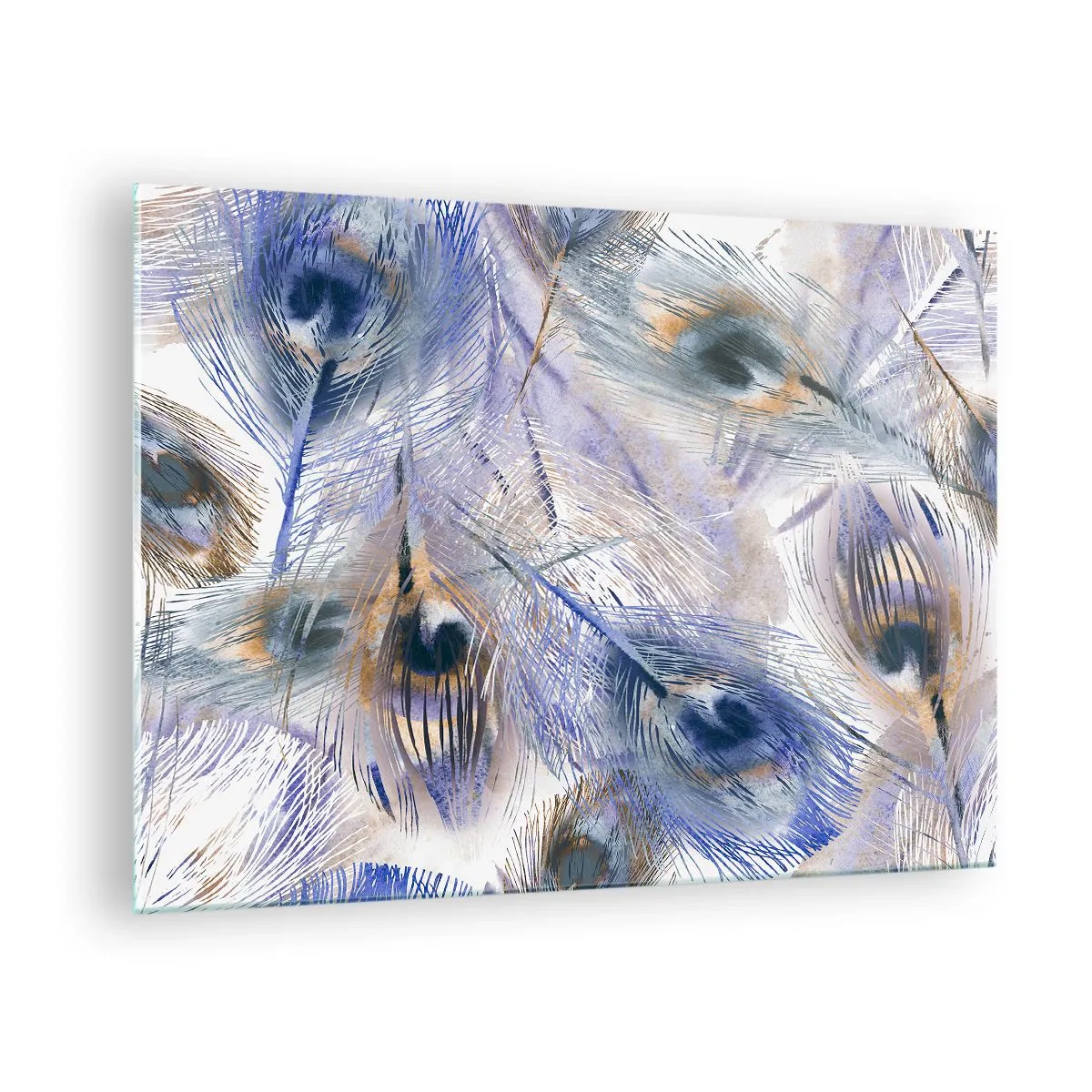 Cuadro sobre vidrio - Impresiones sobre Vidrio - Delicadas plumas de pavo real en tonos azules y marrones. - 70x50cm - Composición - Decoración de pared moderna para salón y dormitorio ARTTOR
